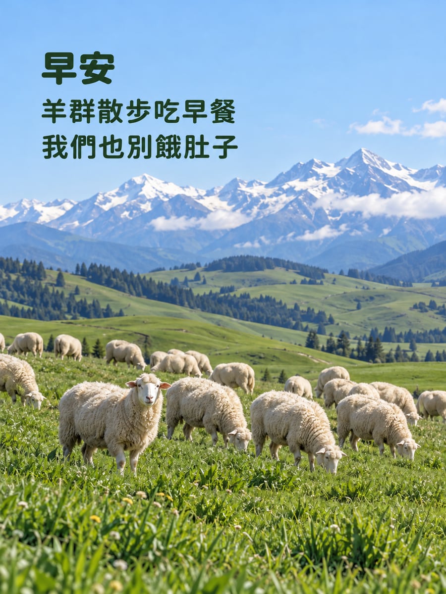 草原羊群。圖中文字：早安，羊群散步吃早餐，我們也別餓肚子
