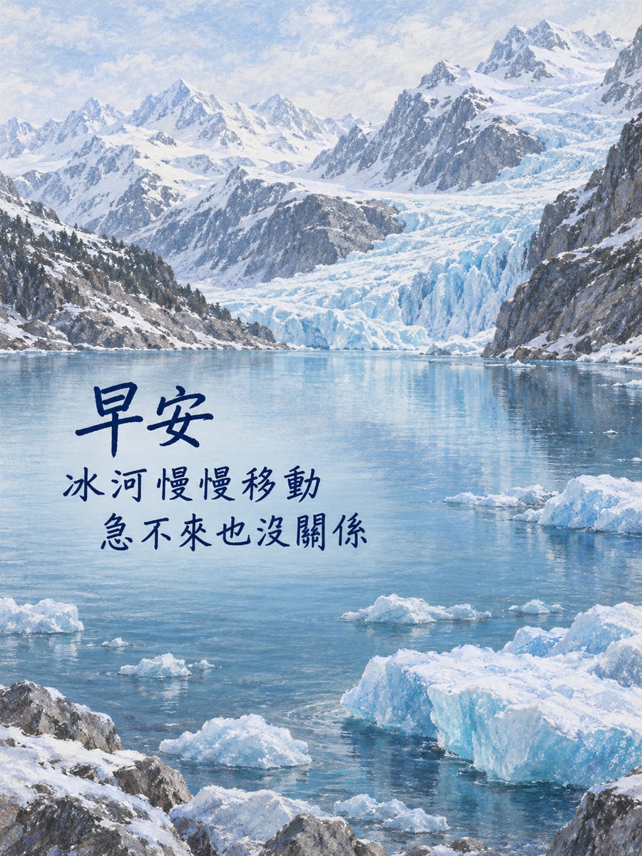 冰河慢行。圖中文字：早安，冰河慢慢移動，急不來也沒關係