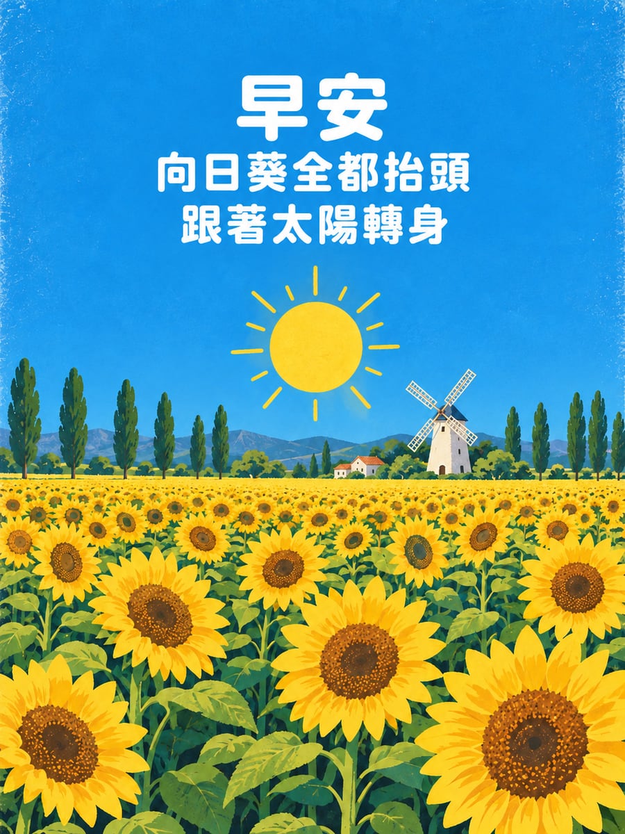 向日葵田。圖中文字：早安，向日葵全都抬頭，跟著太陽轉身