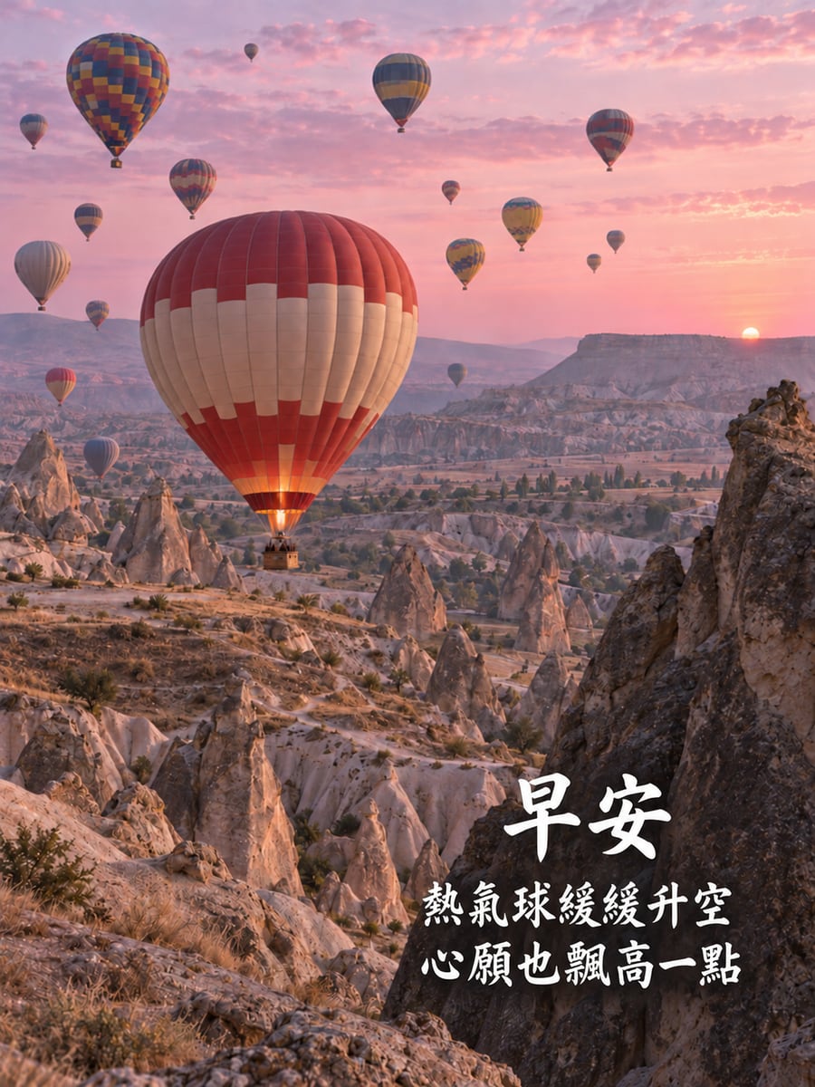 熱氣球升空。圖中文字：早安，熱氣球緩緩升空，心願也飄高一點