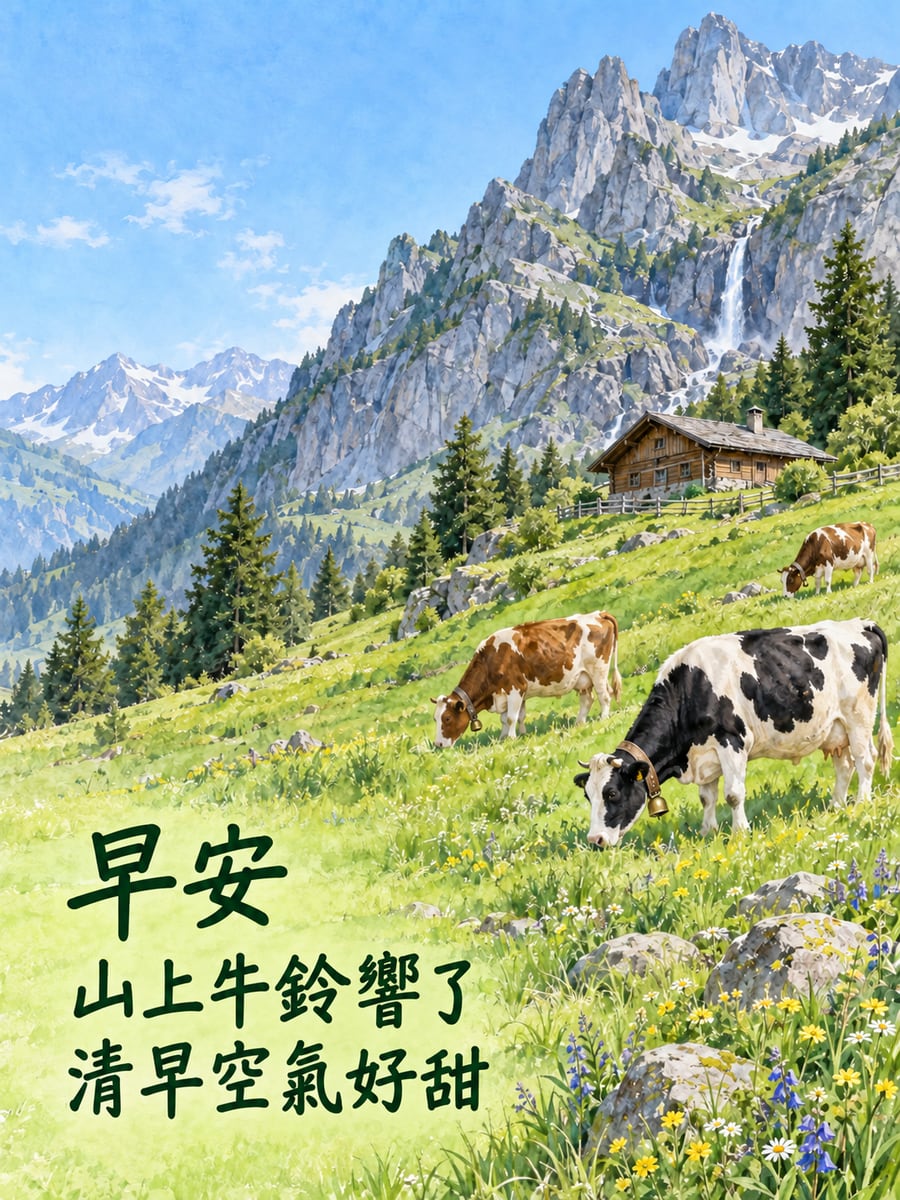 牧場牛鈴。圖中文字：早安，山上牛鈴響了，清早空氣好甜