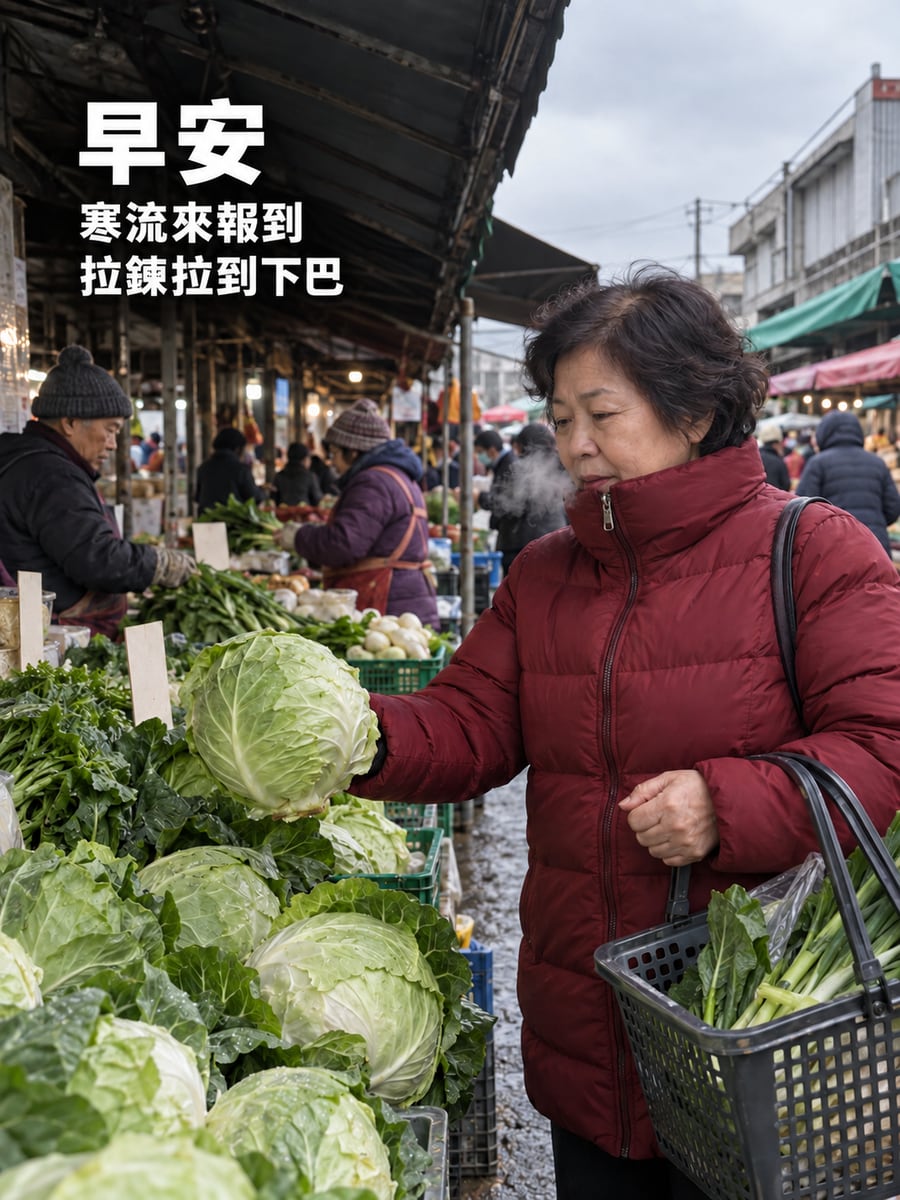 寒流來報到。圖中文字：早安，寒流來報到，拉鍊拉到下巴