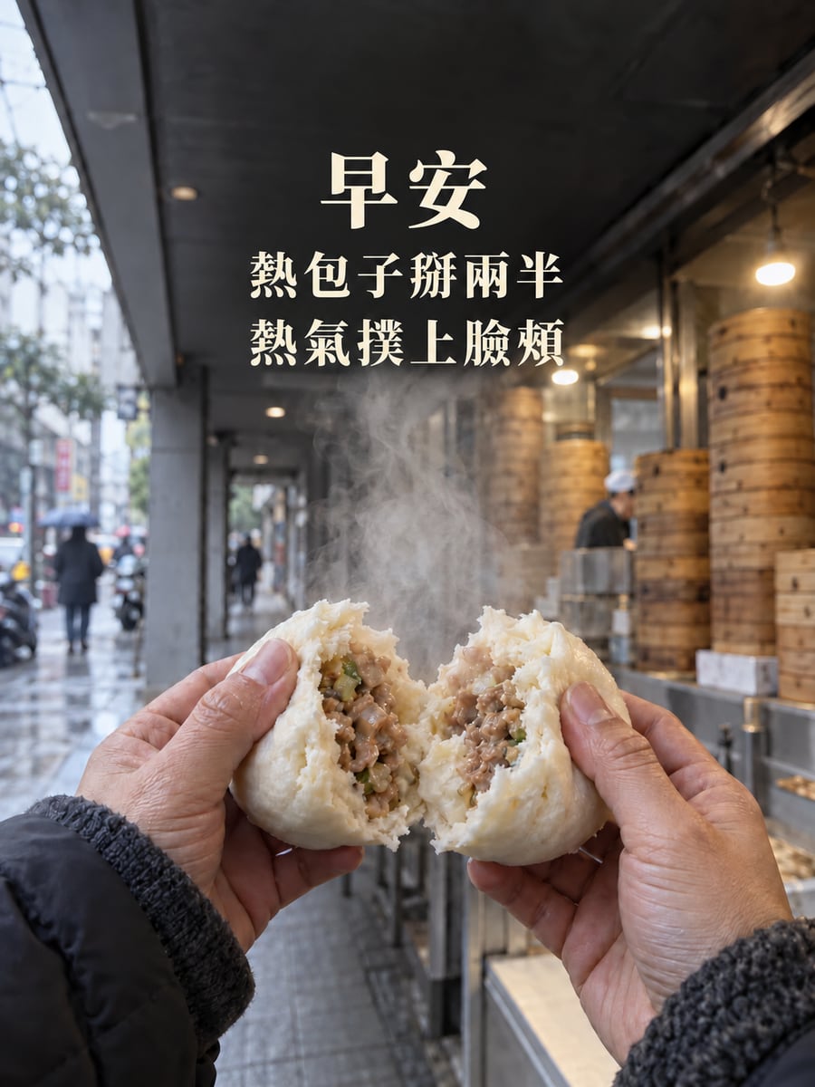 熱包子掰兩半。圖中文字：早安，熱包子掰兩半，熱氣撲上臉頰