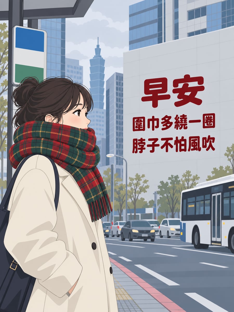 圍巾多繞一圈。圖中文字：早安，圍巾多繞一圈，脖子不怕風吹