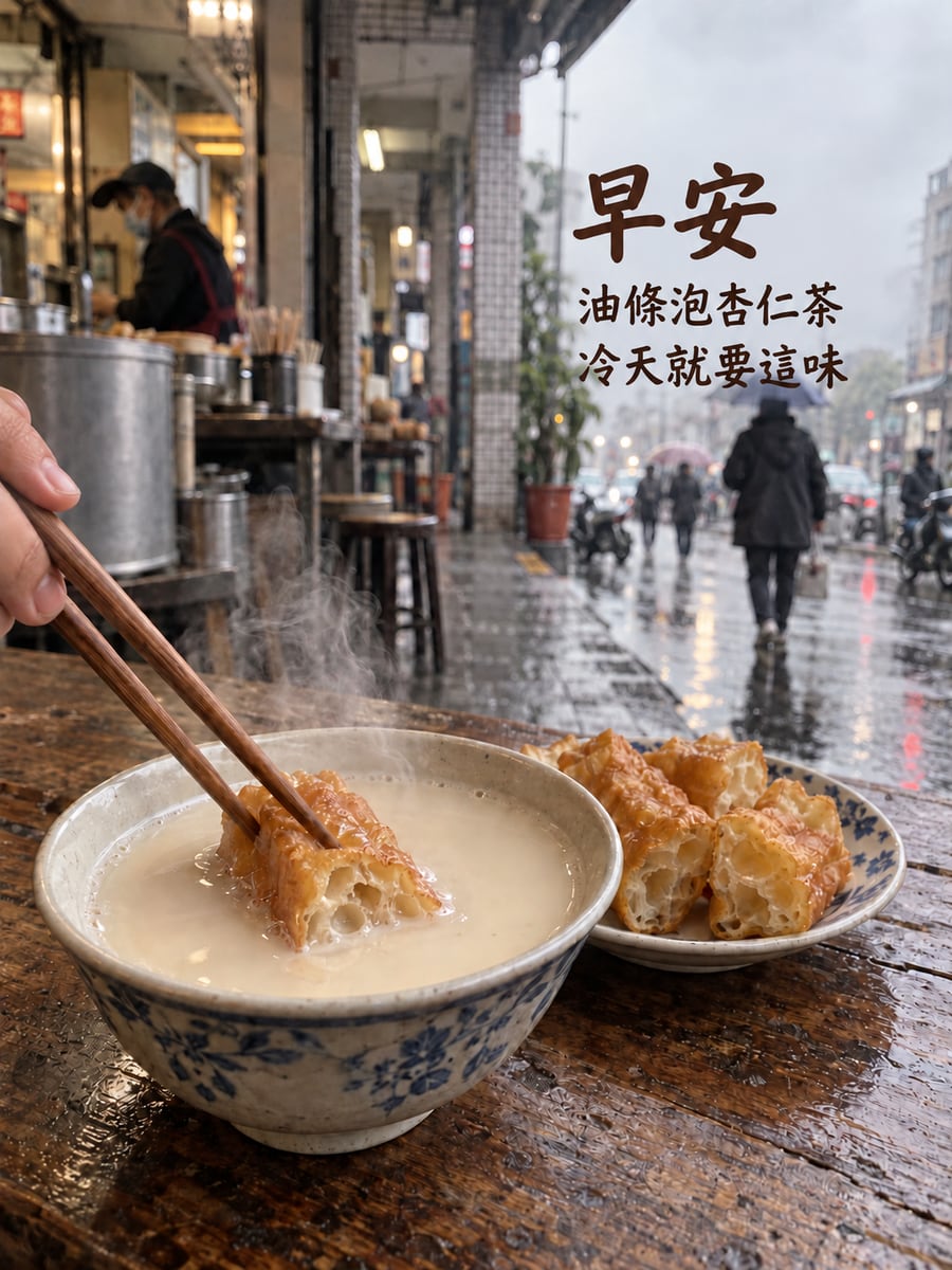 油條泡杏仁茶。圖中文字：早安，油條泡杏仁茶，冷天就要這味