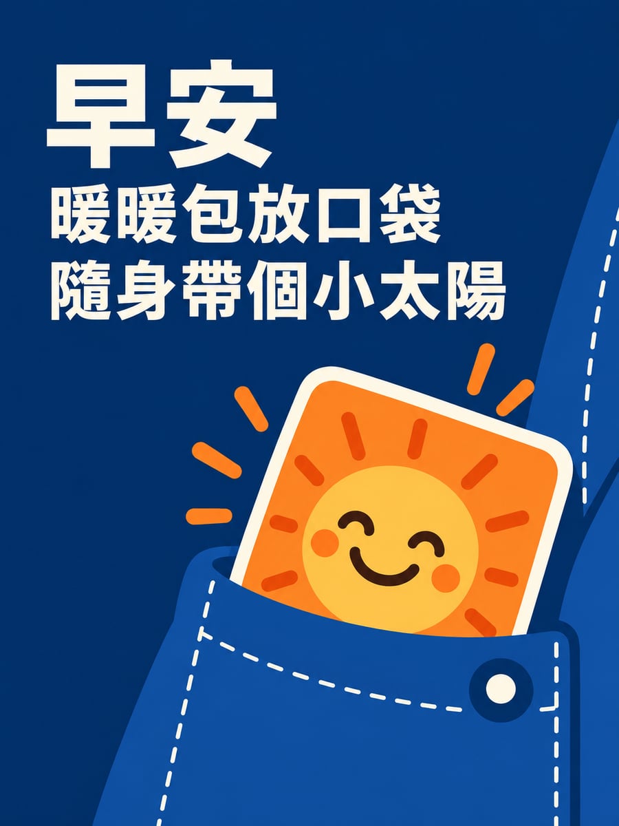 暖暖包放口袋。圖中文字：早安，暖暖包放口袋，隨身帶個小太陽