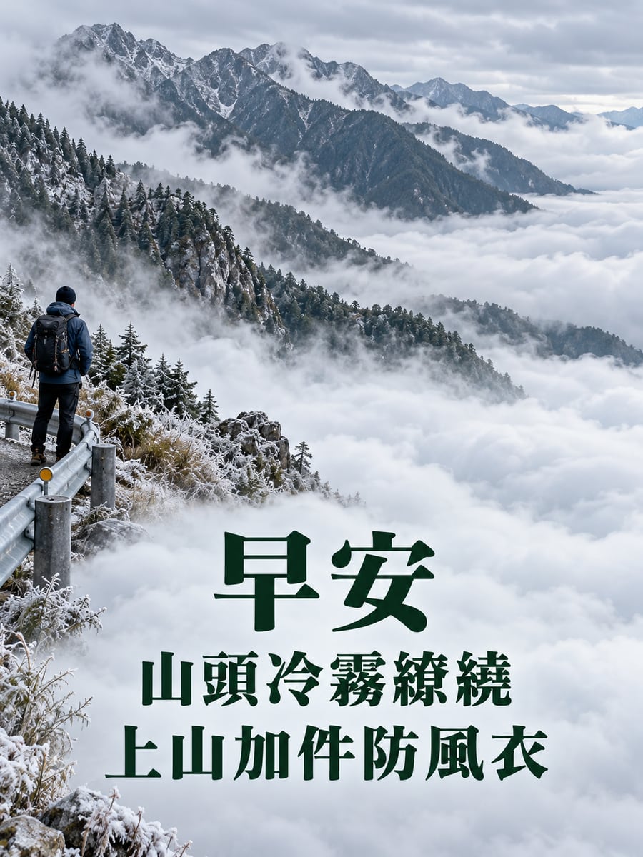 山頭冷霧繚繞。圖中文字：早安，山頭冷霧繚繞，上山加件防風衣