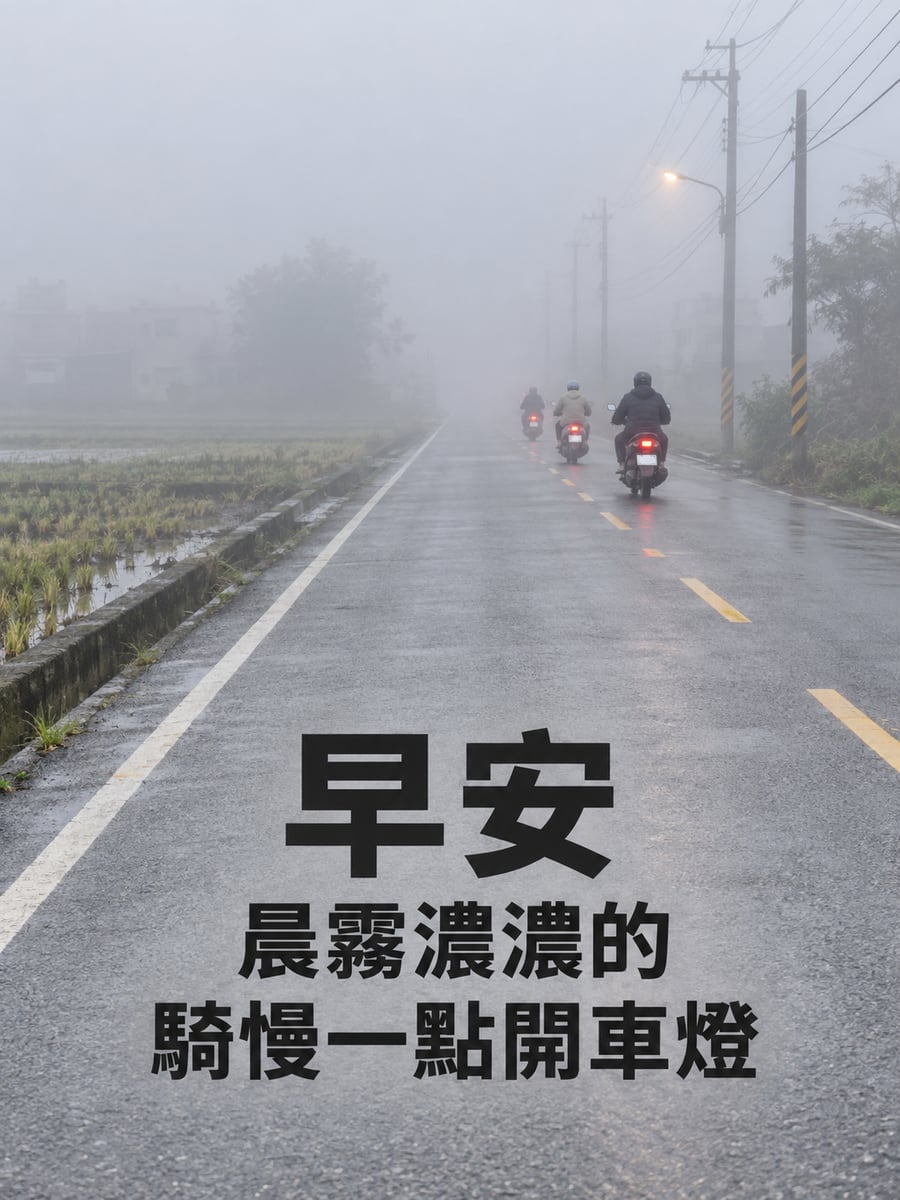 晨霧濃濃的。圖中文字：早安，晨霧濃濃的，騎慢一點開車燈