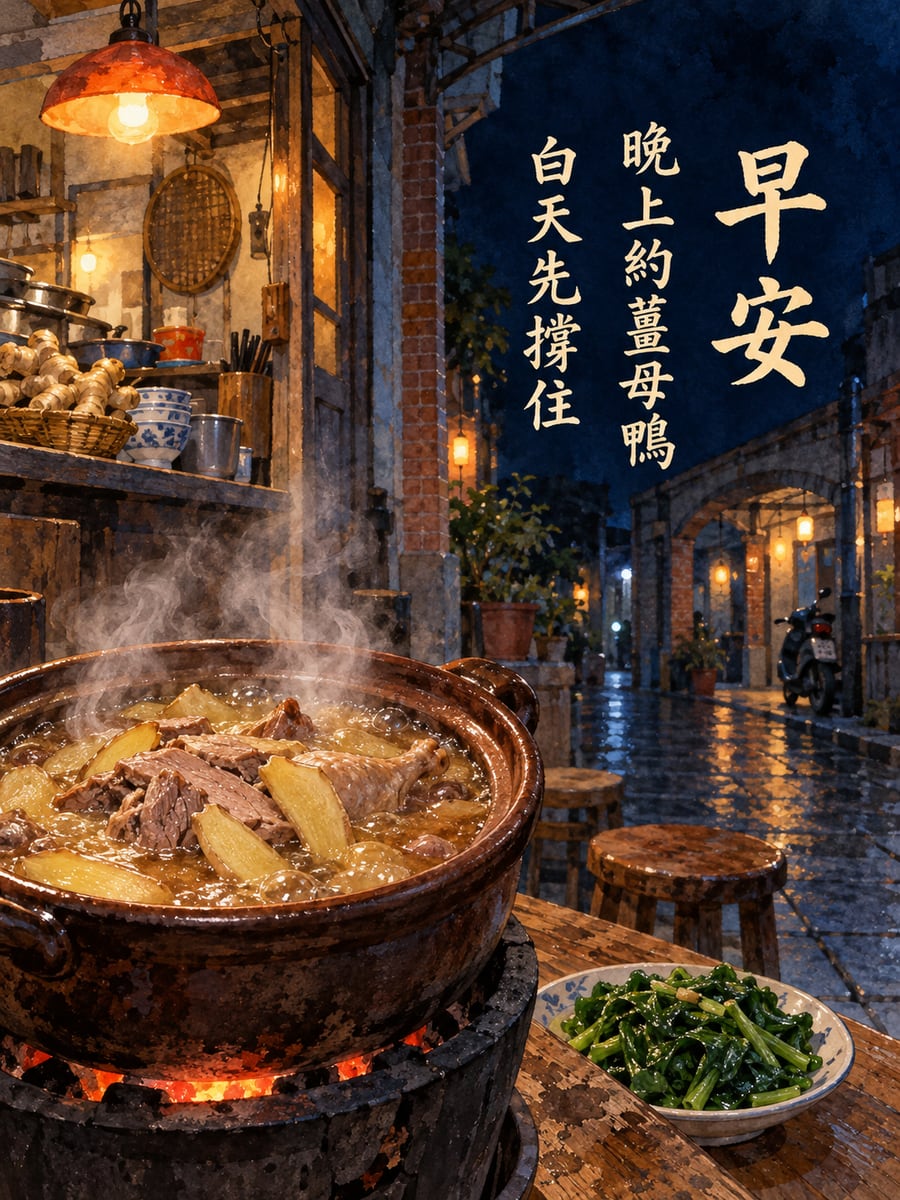 晚上約薑母鴨。圖中文字：早安，晚上約薑母鴨，白天先撐住