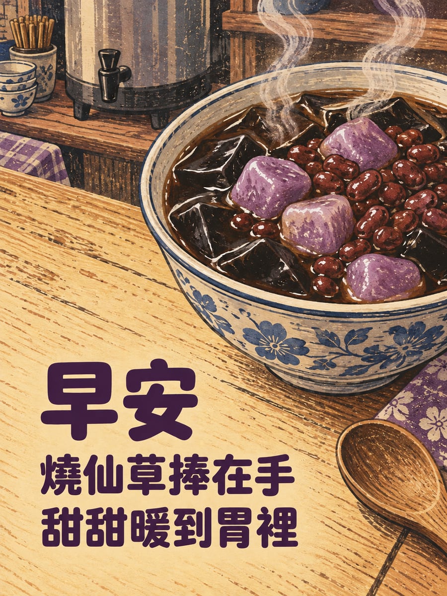 燒仙草捧在手。圖中文字：早安，燒仙草捧在手，甜甜暖到胃裡