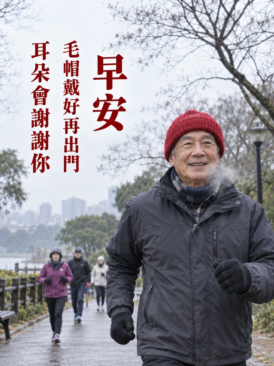 毛帽戴好再出門。圖中文字：早安，毛帽戴好再出門，耳朵會謝謝你