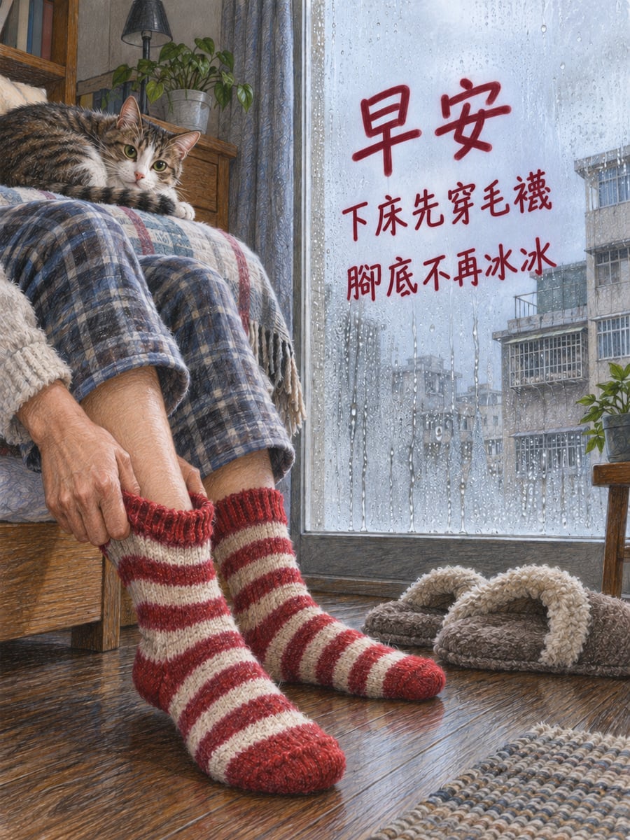 下床先穿毛襪。圖中文字：早安，下床先穿毛襪，腳底不再冰冰