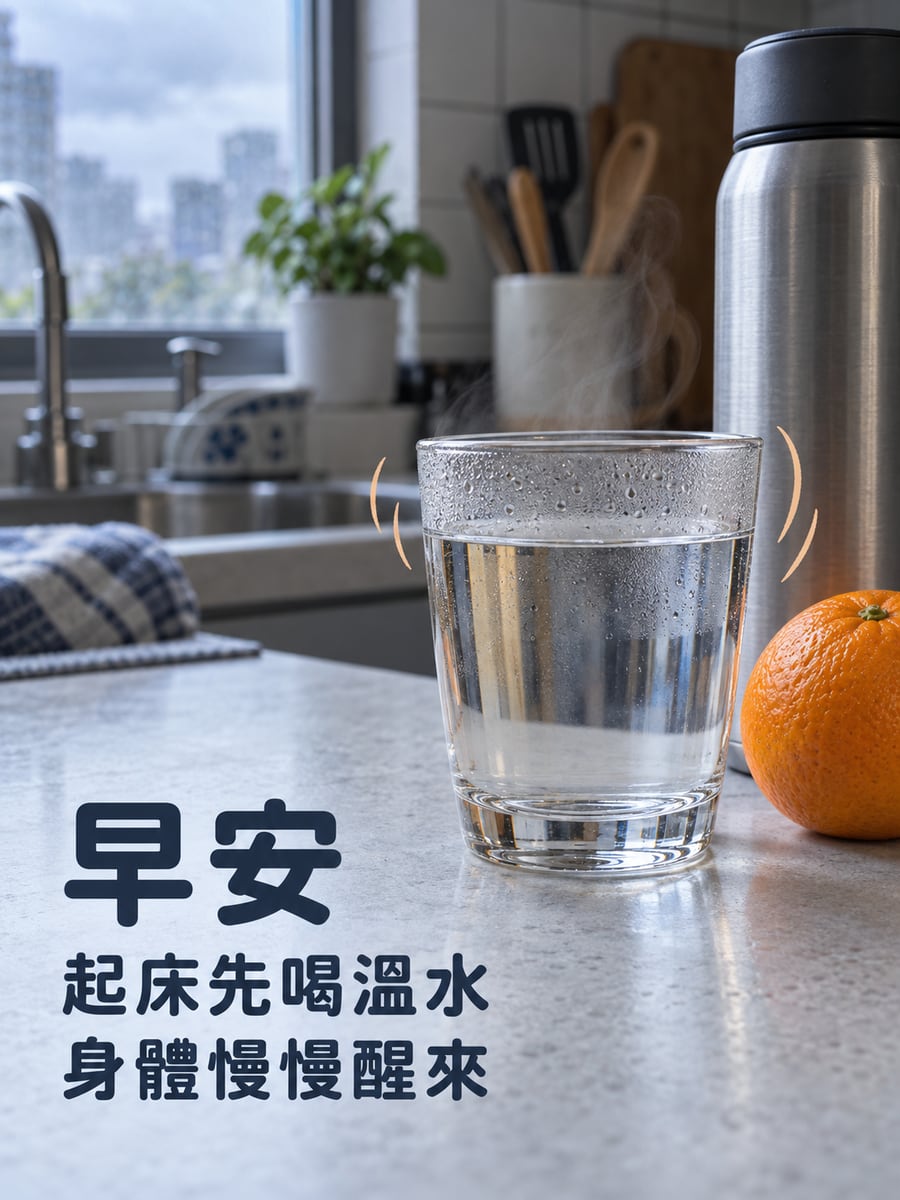 起床先喝溫水。圖中文字：早安，起床先喝溫水，身體慢慢醒來