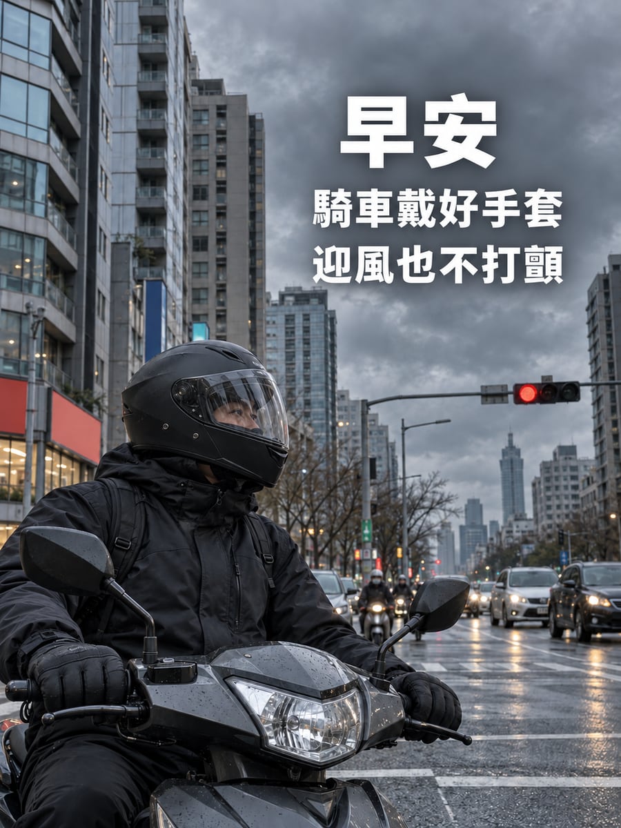騎車戴好手套。圖中文字：早安，騎車戴好手套，迎風也不打顫