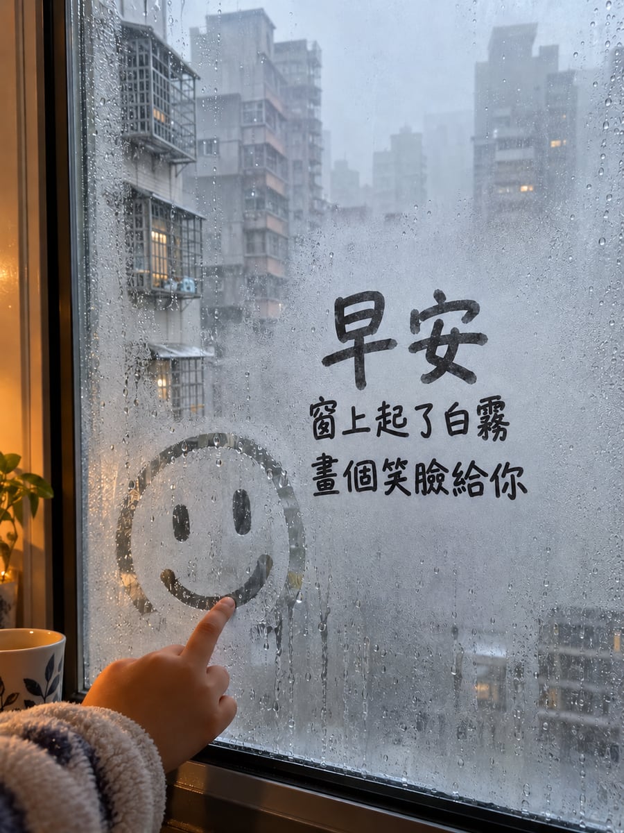 畫個笑臉給你。圖中文字：早安，窗上起了白霧，畫個笑臉給你