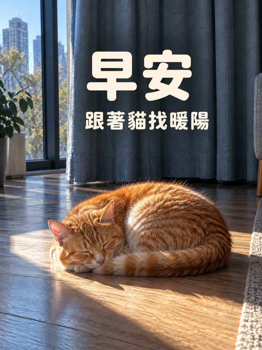 貓找到暖陽。圖中文字：早安，跟著貓找暖陽