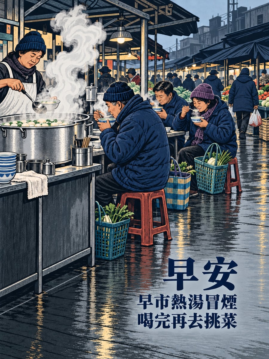早市熱湯冒煙。圖中文字：早安，早市熱湯冒煙，喝完再去挑菜
