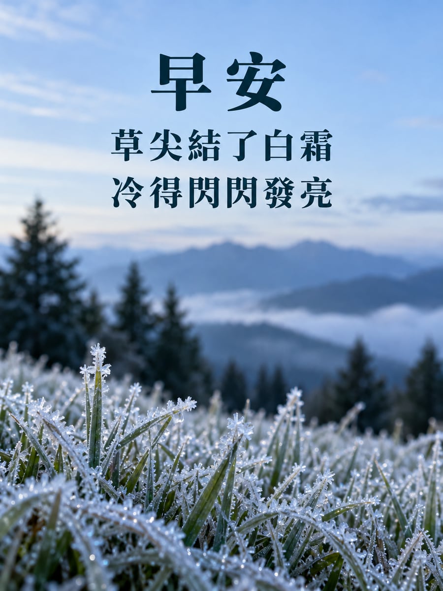 草尖結了白霜。圖中文字：早安，草尖結了白霜，冷得閃閃發亮