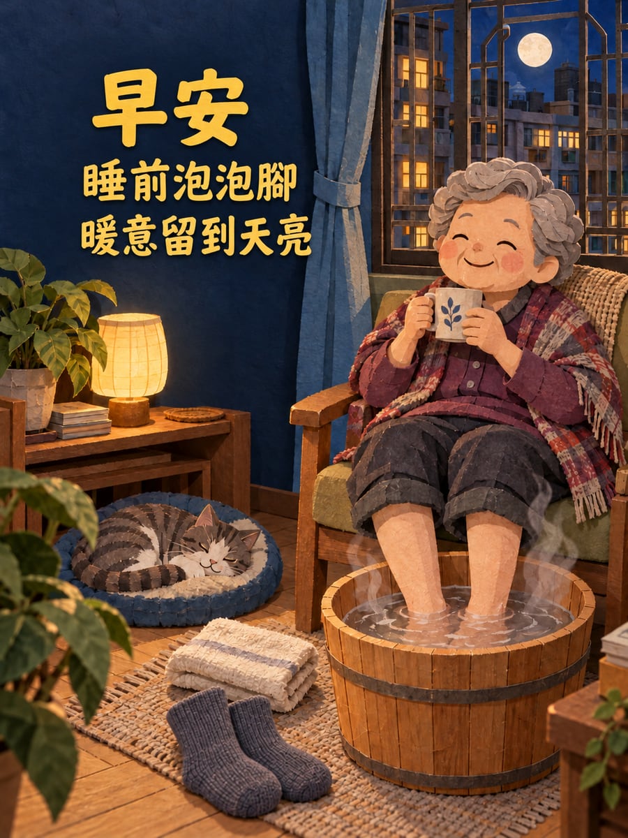 睡前泡泡腳。圖中文字：早安，睡前泡泡腳，暖意留到天亮