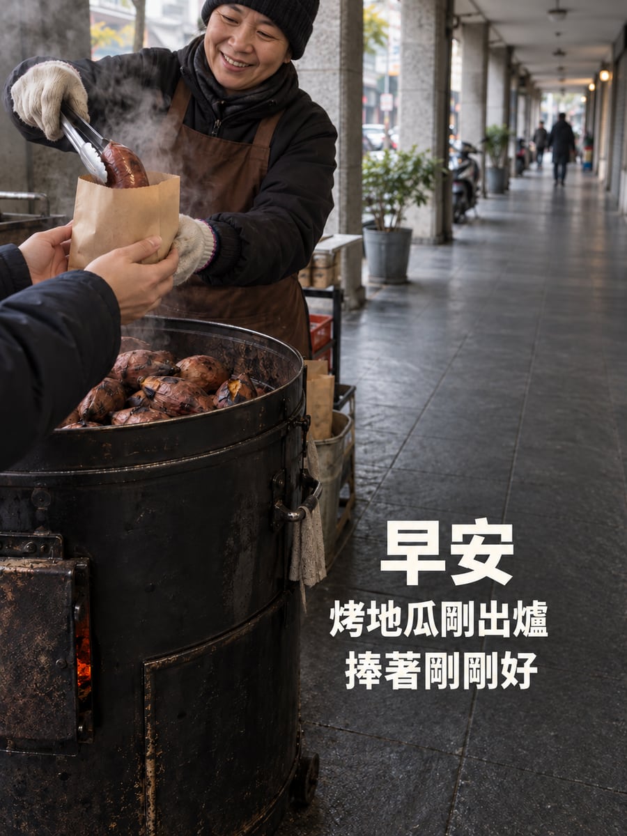 烤地瓜剛出爐。圖中文字：早安，烤地瓜剛出爐，捧著剛剛好