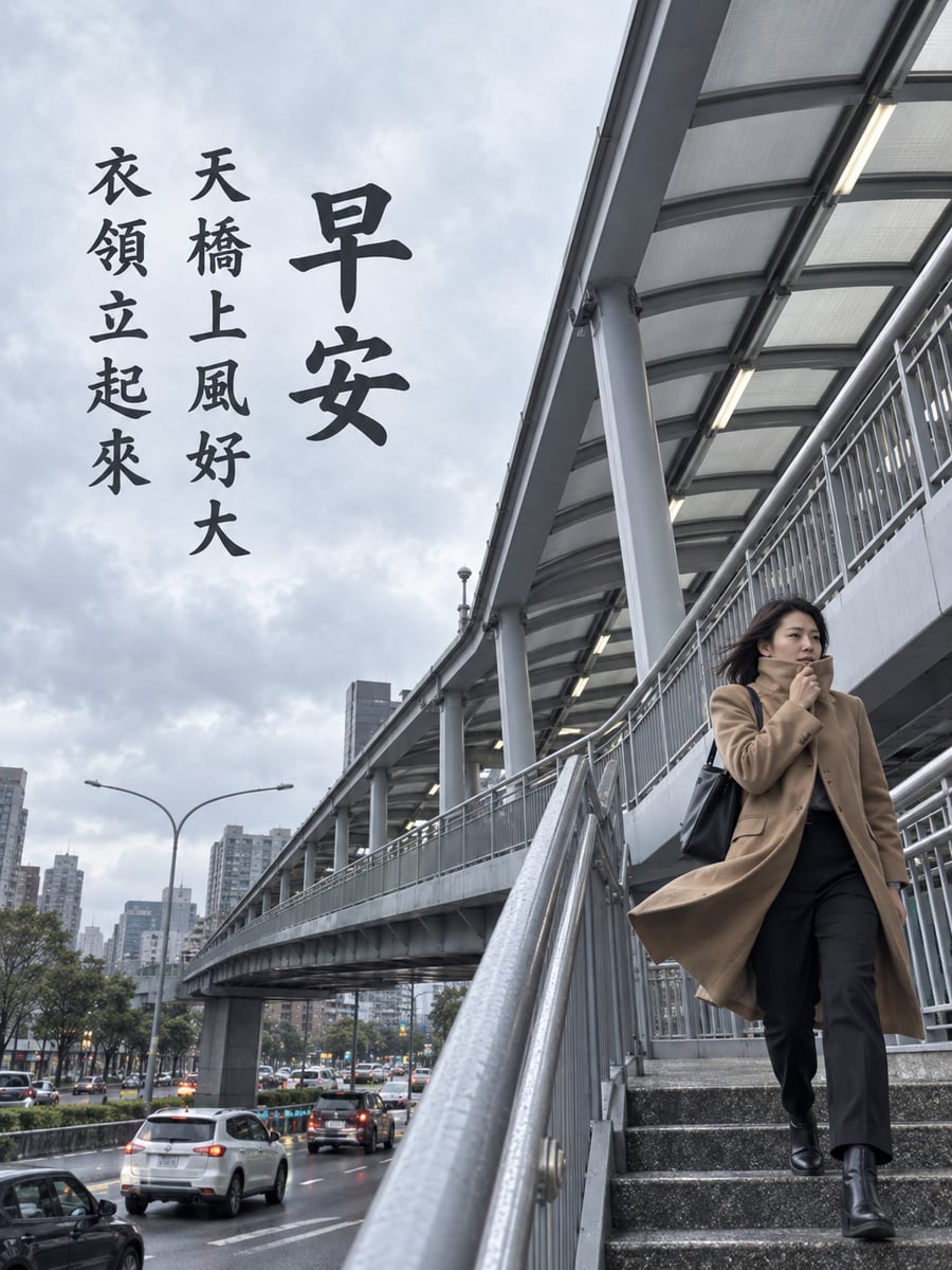 天橋上風好大。圖中文字：早安，天橋上風好大，衣領立起來