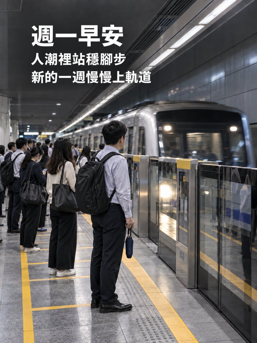 捷運月台排隊。圖中文字：週一早安，人潮裡站穩腳步，新的一週慢慢上軌道