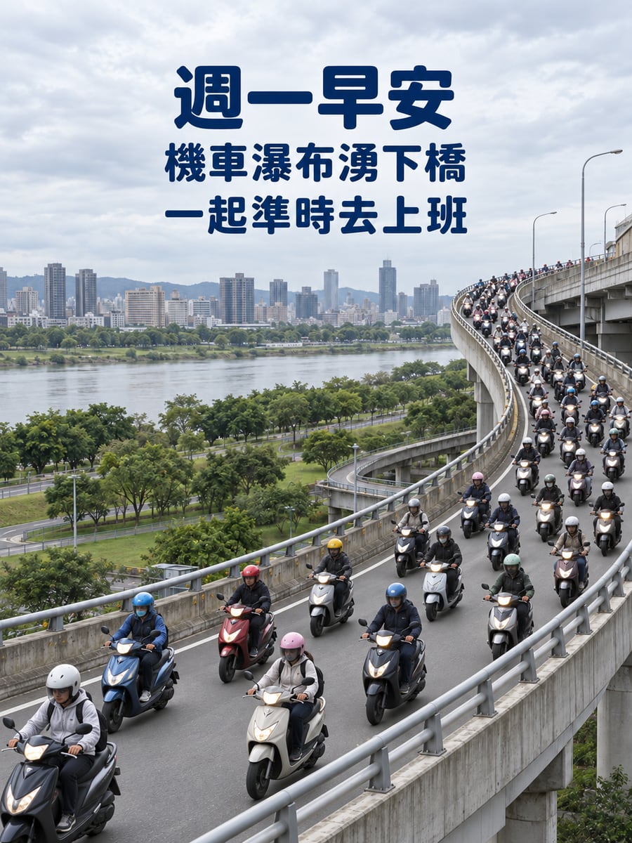 機車瀑布下橋。圖中文字：週一早安，機車瀑布湧下橋，一起準時去上班