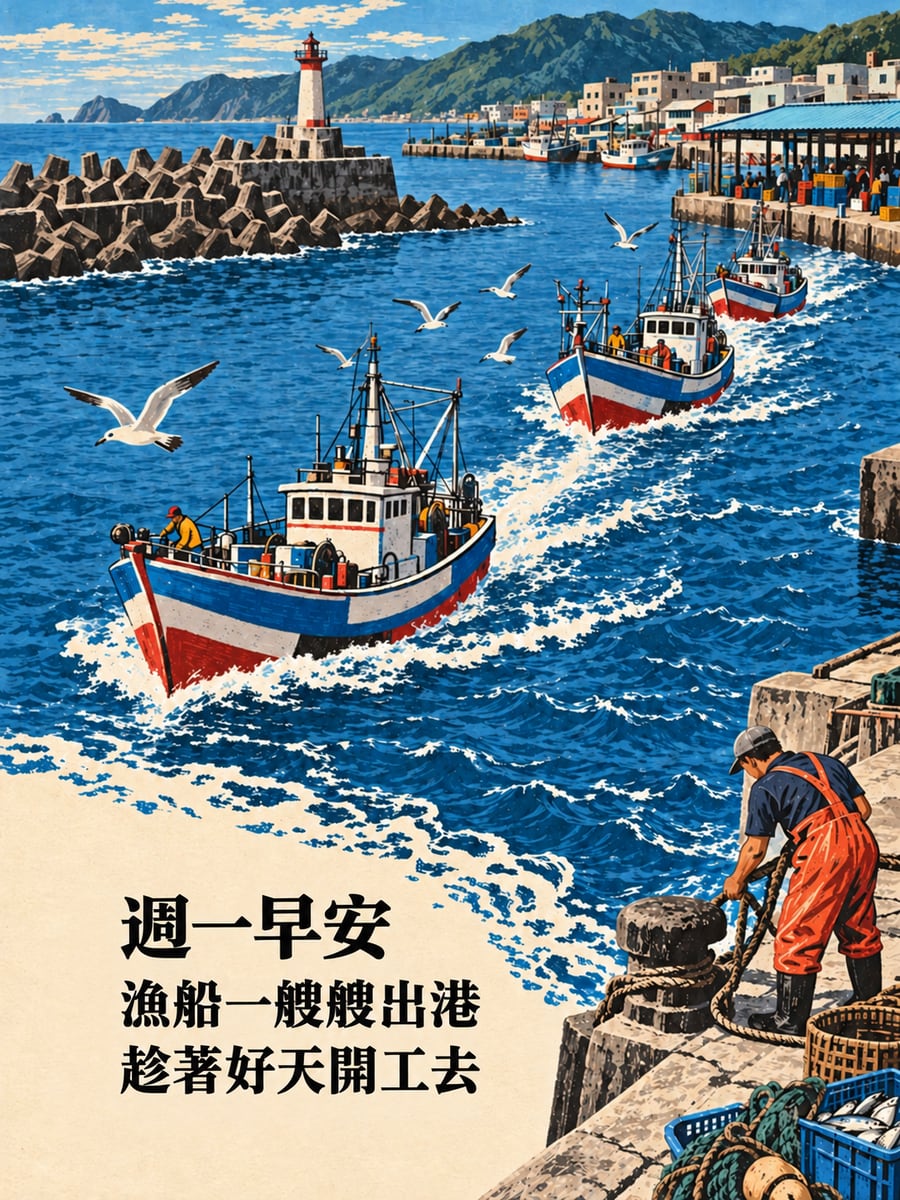 漁船出港。圖中文字：週一早安，漁船一艘艘出港，趁著好天開工去