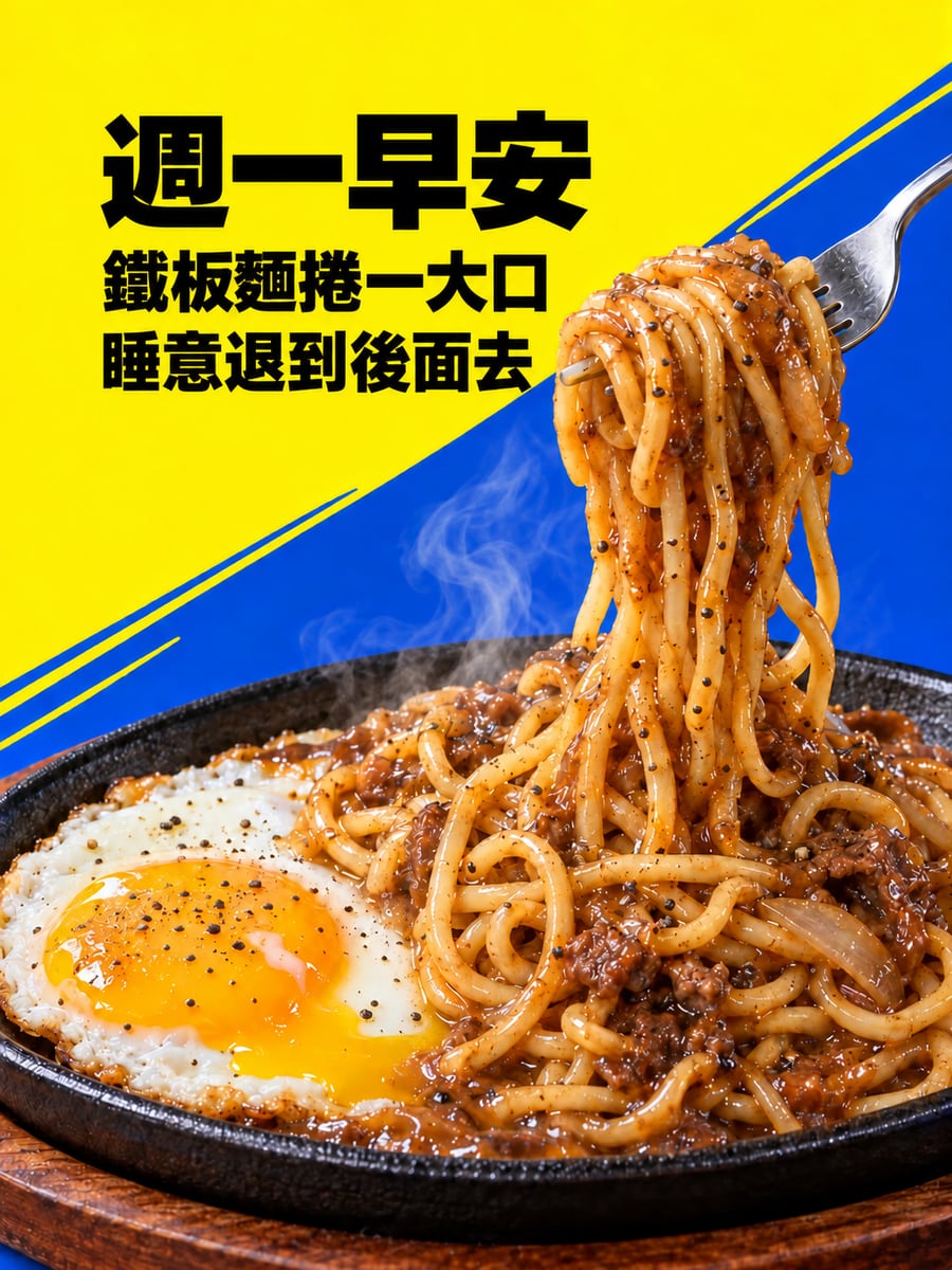 鐵板麵一大口。圖中文字：週一早安，鐵板麵捲一大口，睡意退到後面去