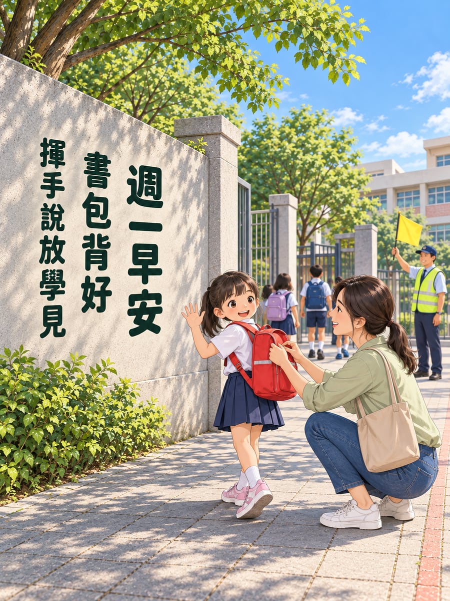 校門口揮手。圖中文字：週一早安，書包背好，揮手說放學見