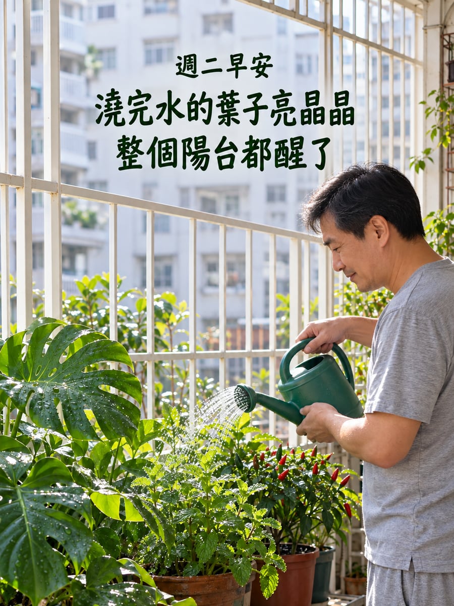 陽台澆花。圖中文字：週二早安，澆完水的葉子亮晶晶，整個陽台都醒了