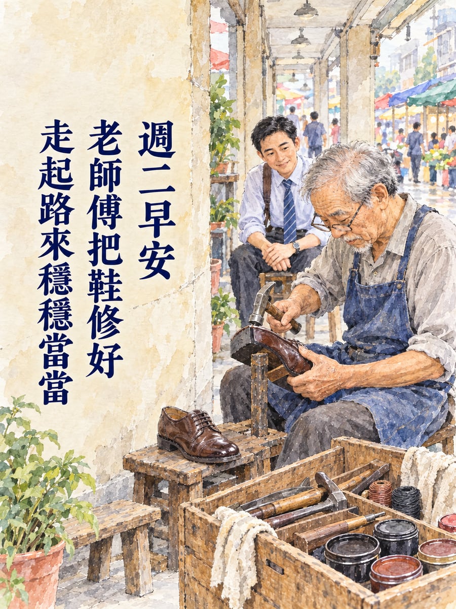 修鞋老師傅。圖中文字：週二早安，老師傅把鞋修好，走起路來穩穩當當