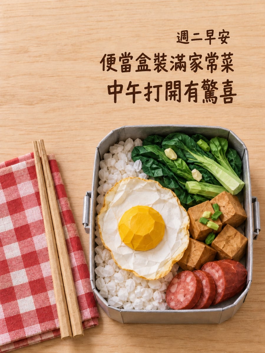 家常便當紙藝。圖中文字：週二早安，便當盒裝滿家常菜，中午打開有驚喜