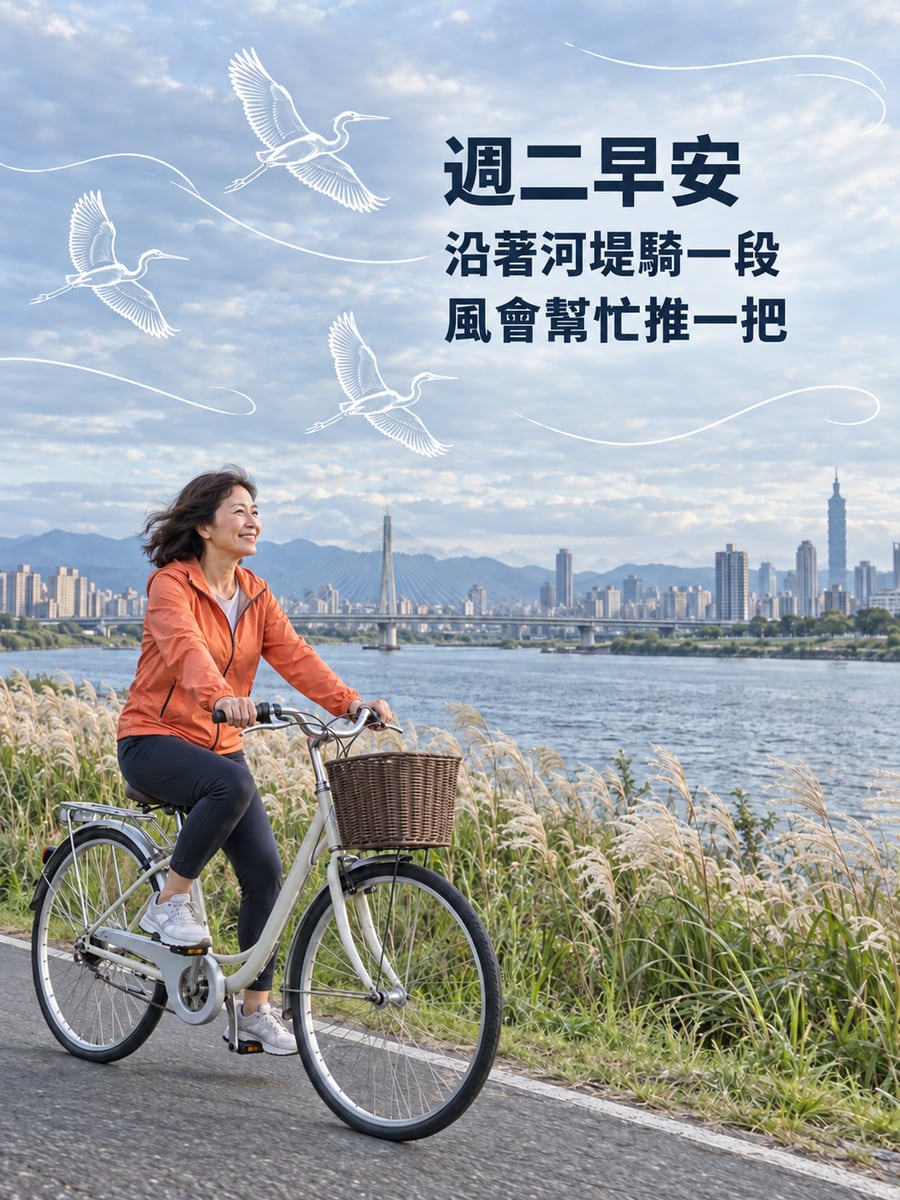 河堤騎車。圖中文字：週二早安，沿著河堤騎一段，風會幫忙推一把