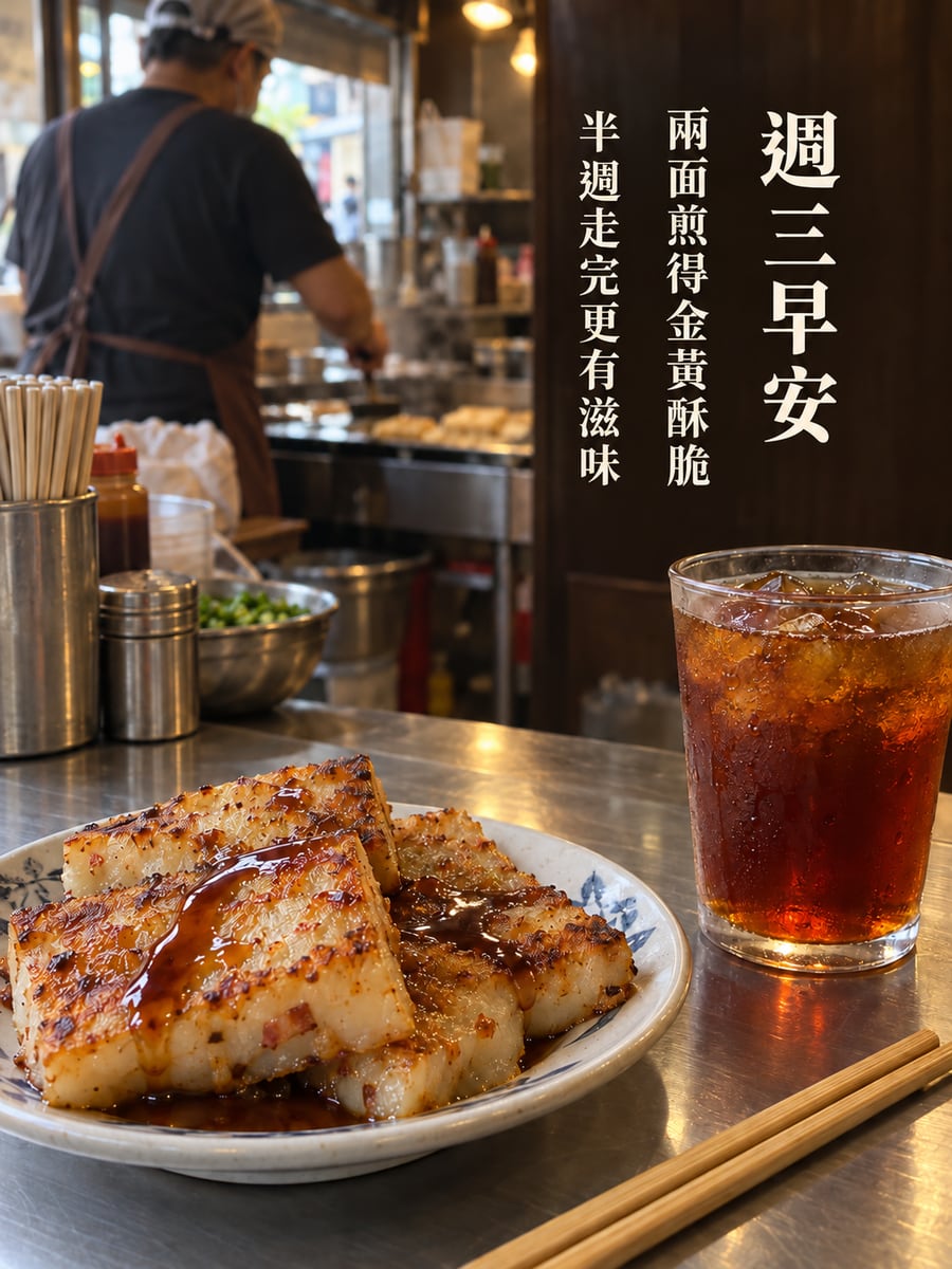 煎蘿蔔糕。圖中文字：週三早安，兩面煎得金黃酥脆，半週走完更有滋味