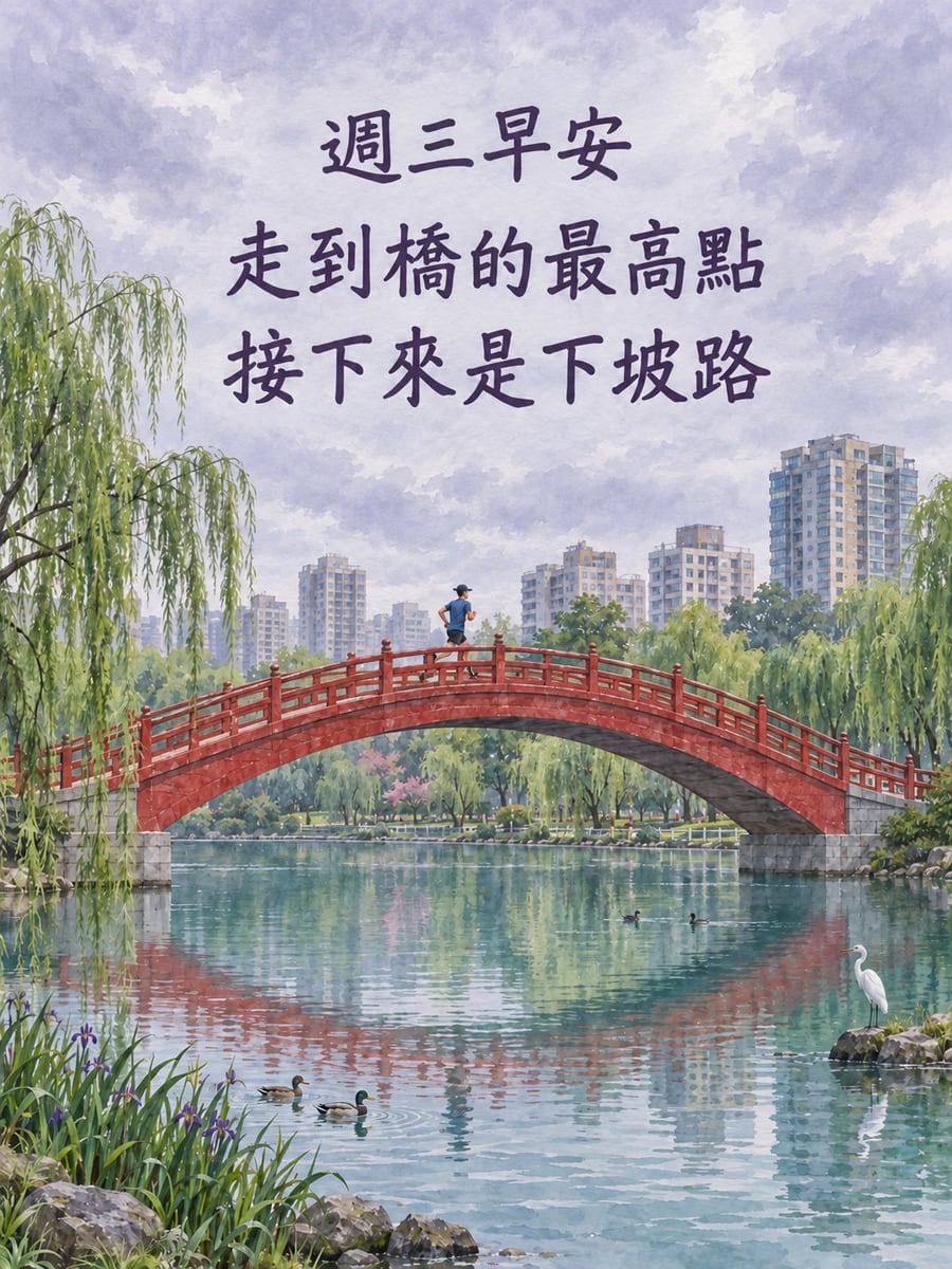 拱橋最高點。圖中文字：週三早安，走到橋的最高點，接下來是下坡路