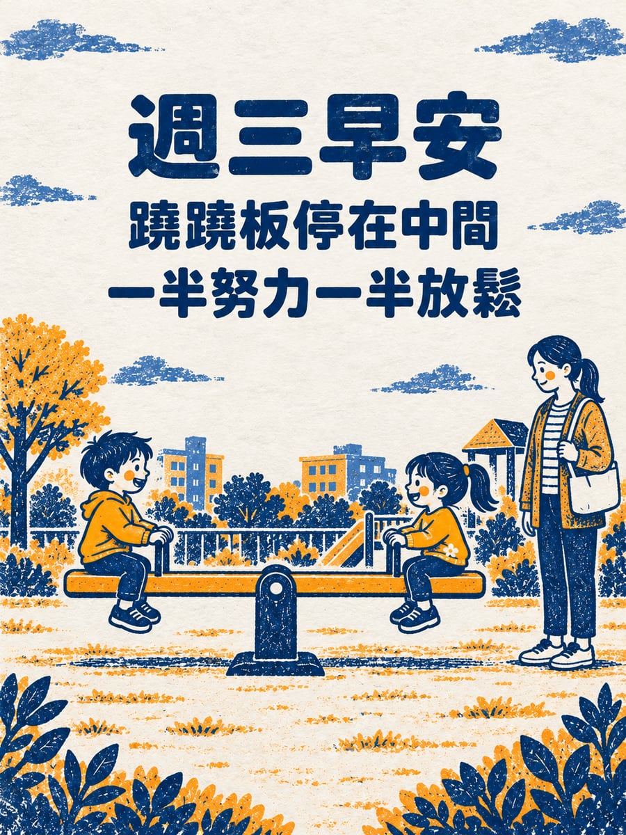 蹺蹺板平衡。圖中文字：週三早安，蹺蹺板停在中間，一半努力一半放鬆