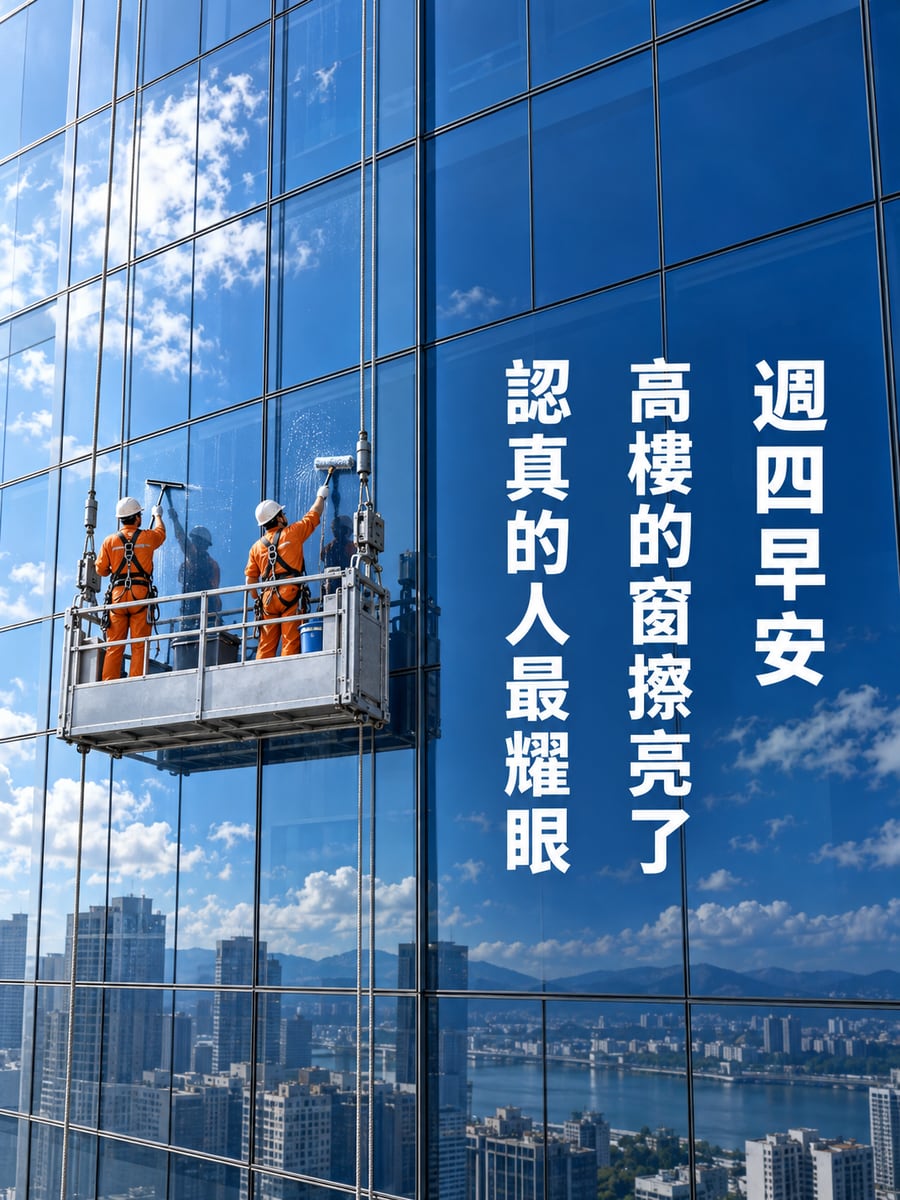 擦亮高樓的窗。圖中文字：週四早安，高樓的窗擦亮了，認真的人最耀眼