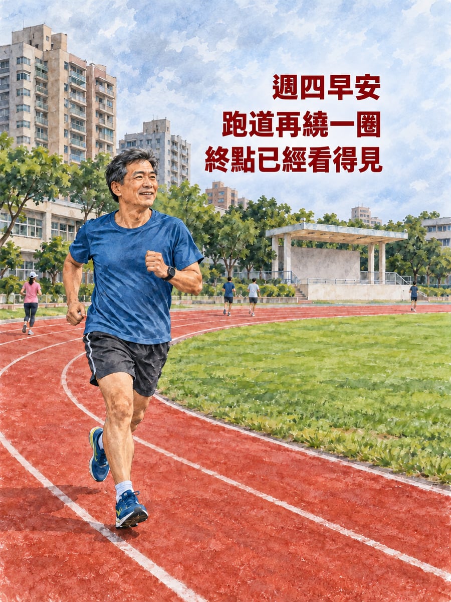 跑道最後一圈。圖中文字：週四早安，跑道再繞一圈，終點已經看得見