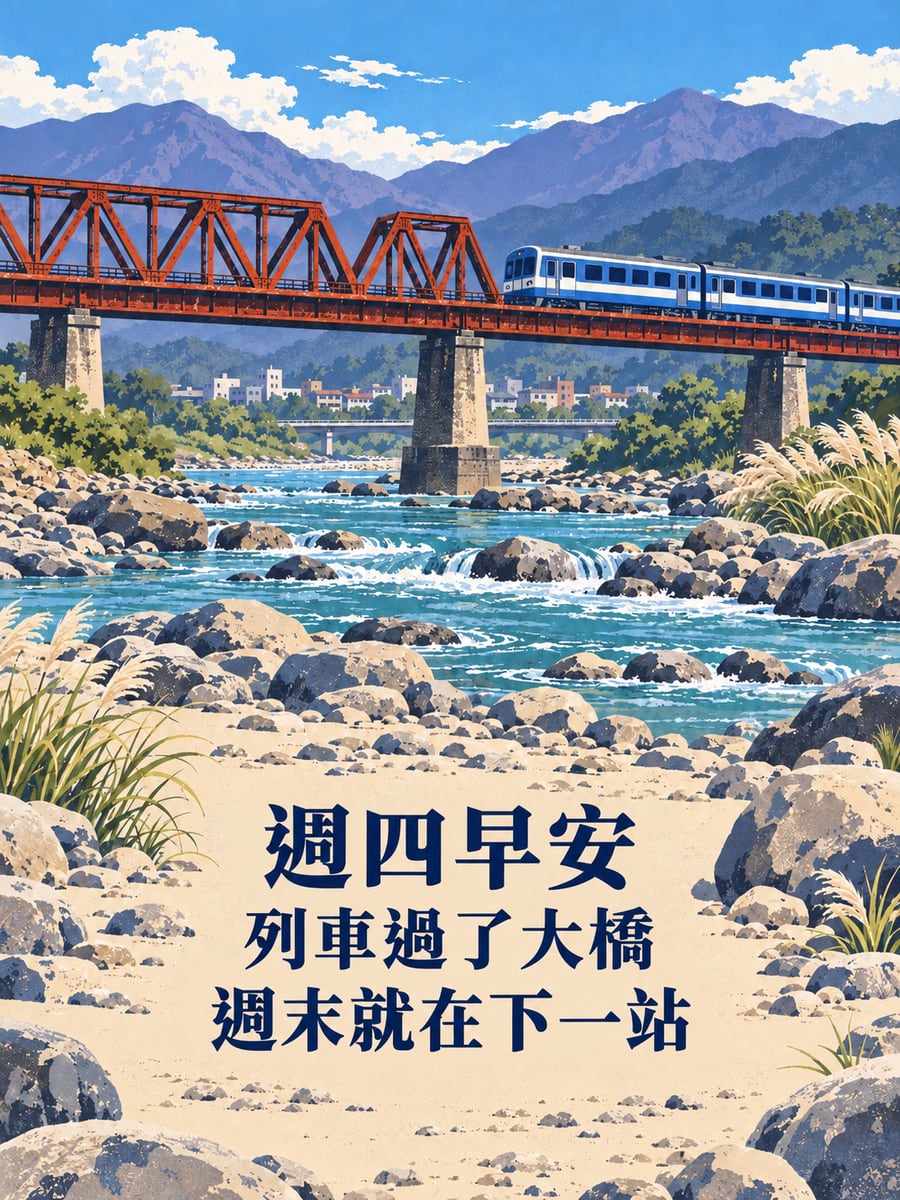 列車過大橋。圖中文字：週四早安，列車過了大橋，週末就在下一站