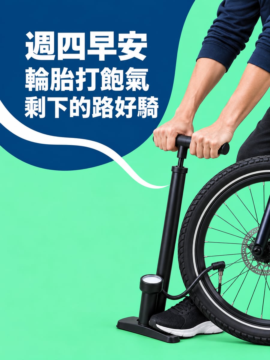 輪胎打氣。圖中文字：週四早安，輪胎打飽氣，剩下的路好騎