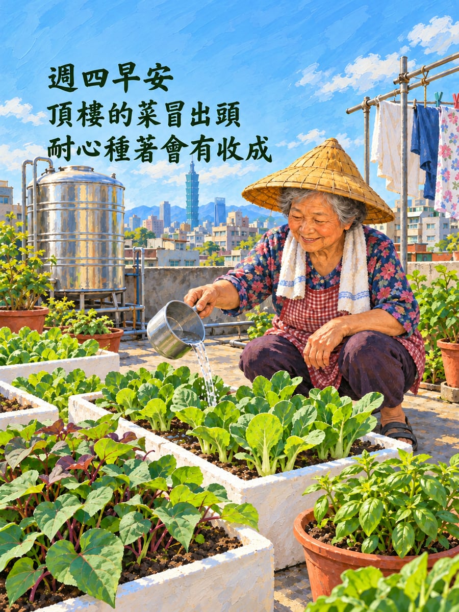 頂樓菜園。圖中文字：週四早安，頂樓的菜冒出頭，耐心種著會有收成