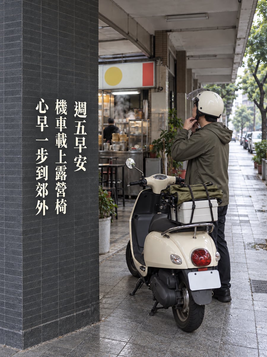 機車載露營椅。圖中文字：週五早安，機車載上露營椅，心早一步到郊外