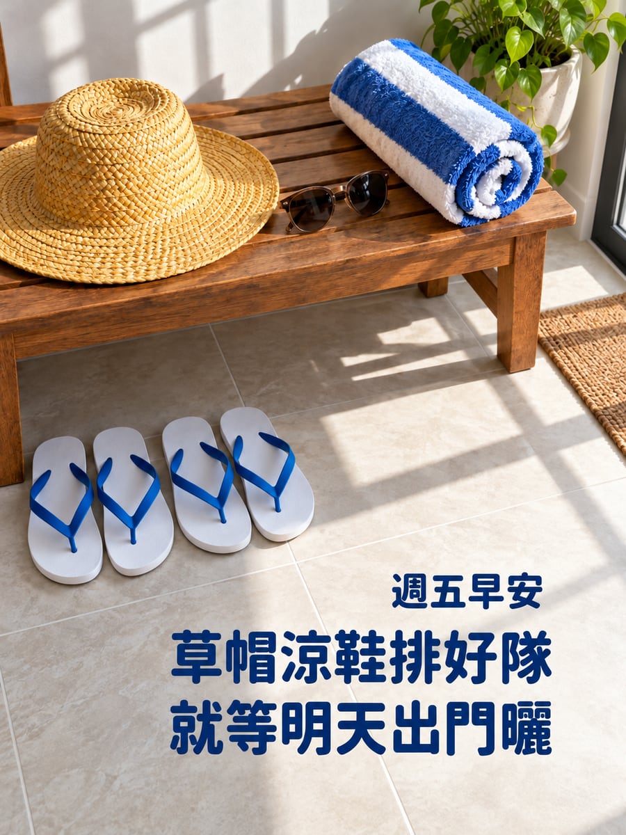 草帽涼鞋待命。圖中文字：週五早安，草帽涼鞋排好隊，就等明天出門曬