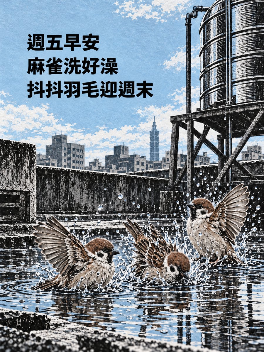 屋頂麻雀洗澡。圖中文字：週五早安，麻雀洗好澡，抖抖羽毛迎週末