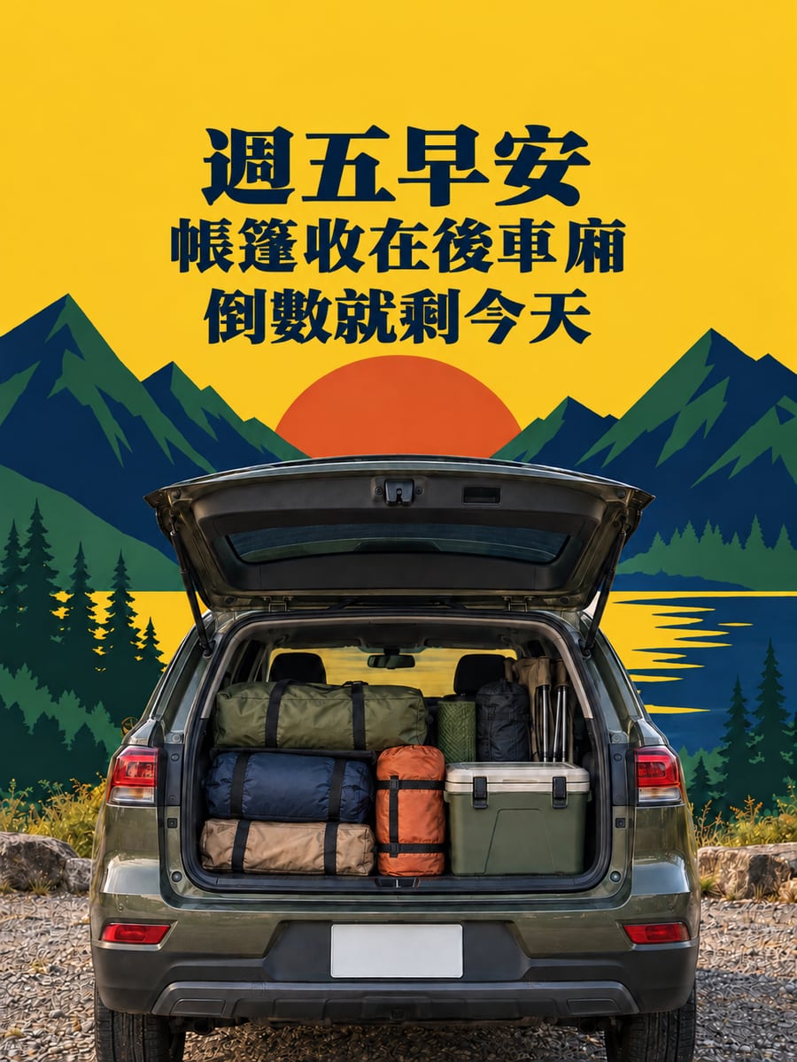 後車廂的帳篷。圖中文字：週五早安，帳篷收在後車廂，倒數就剩今天