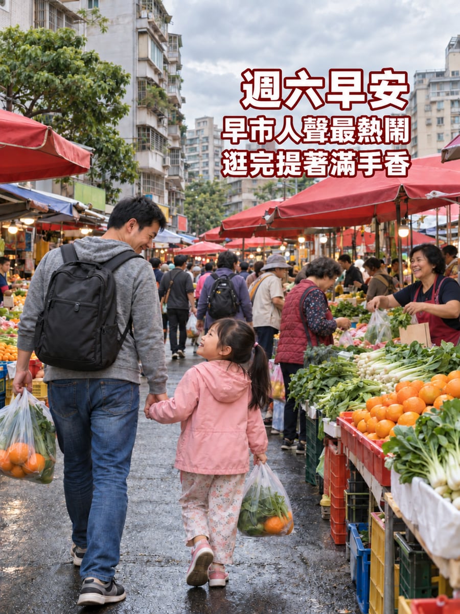 週六早市。圖中文字：週六早安，早市人聲最熱鬧，逛完提著滿手香