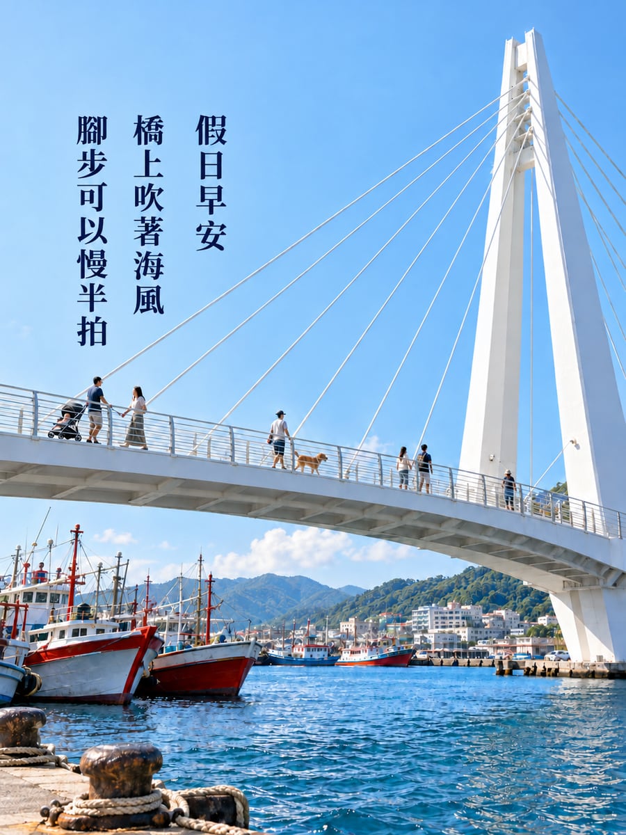 港邊人行橋。圖中文字：假日早安，橋上吹著海風，腳步可以慢半拍