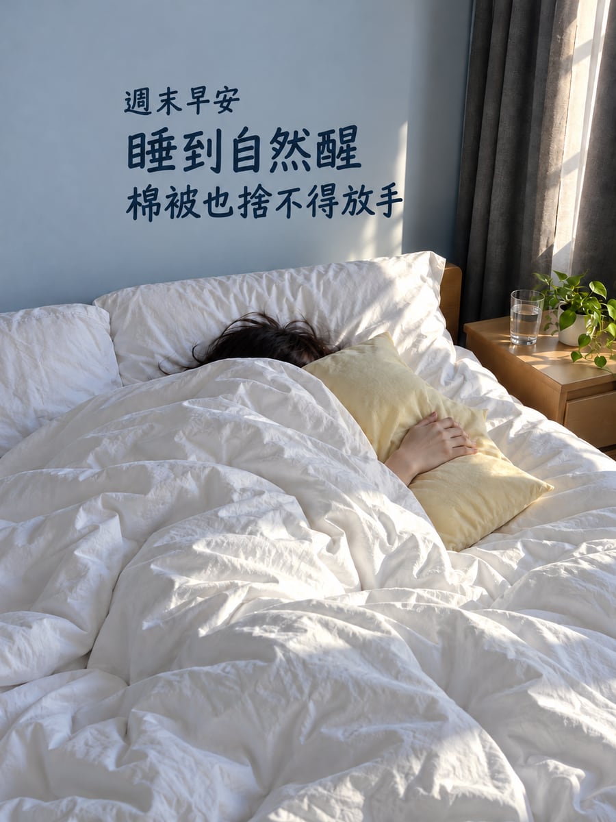 睡到自然醒。圖中文字：週末早安，睡到自然醒，棉被也捨不得放手