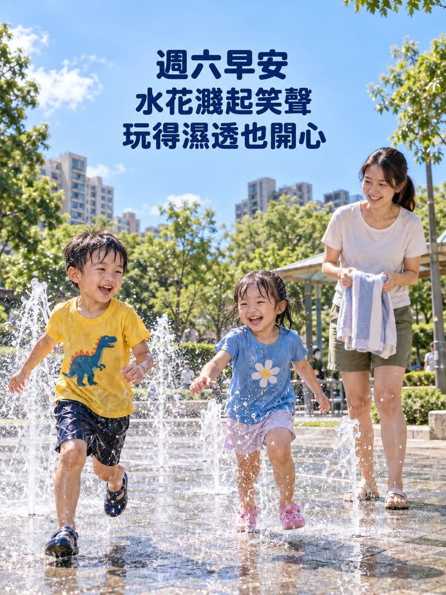 公園玩水。圖中文字：週六早安，水花濺起笑聲，玩得濕透也開心